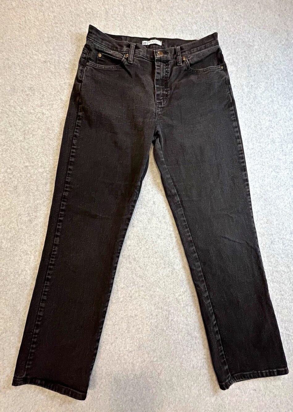 Lee Womens Relaxed Fit Mid Rise Black Dark Wash Stretch Straight Jeans Sz 10